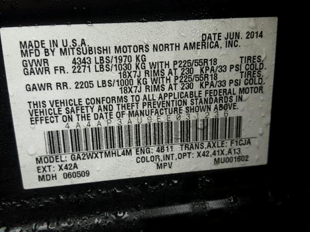 4A4AP3AU9EE031236 - 2014 MITSUBISHI OUTLANDER BLACK photo 10