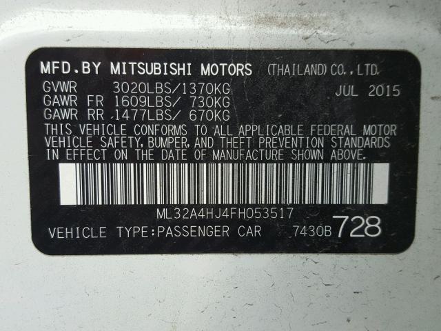 ML32A4HJ4FH053517 - 2015 MITSUBISHI MIRAGE ES WHITE photo 10