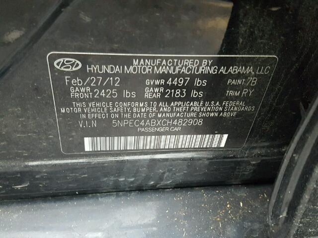 5NPEC4ABXCH482908 - 2012 HYUNDAI SONATA SE BLACK photo 10