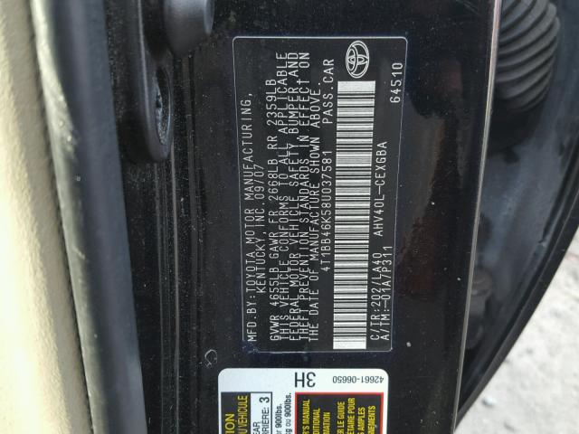 4T1BB46K58U037581 - 2008 TOYOTA CAMRY HYBR BLACK photo 10