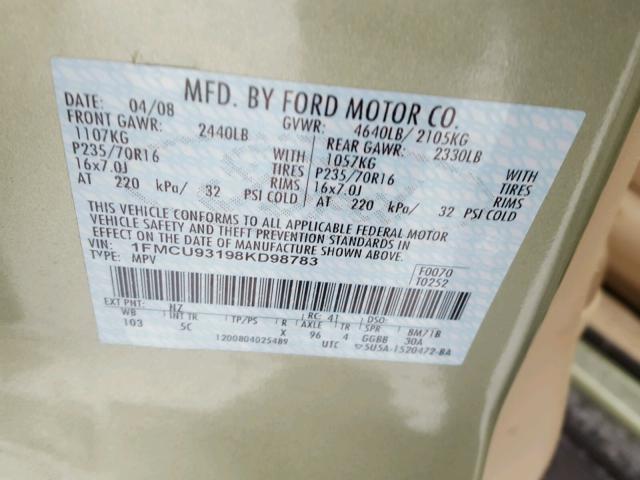 1FMCU93198KD98783 - 2008 FORD ESCAPE XLT GREEN photo 10