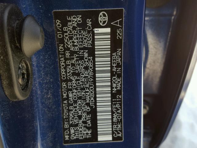 JTDKB20U197890854 - 2009 TOYOTA PRIUS BLUE photo 10