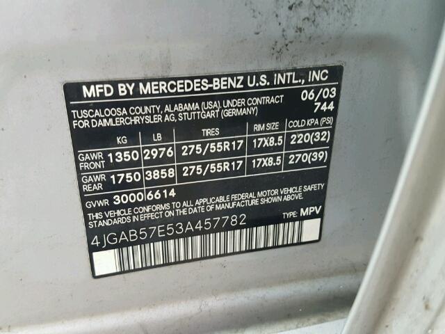 4JGAB57E53A457782 - 2003 MERCEDES-BENZ ML 350 SILVER photo 10