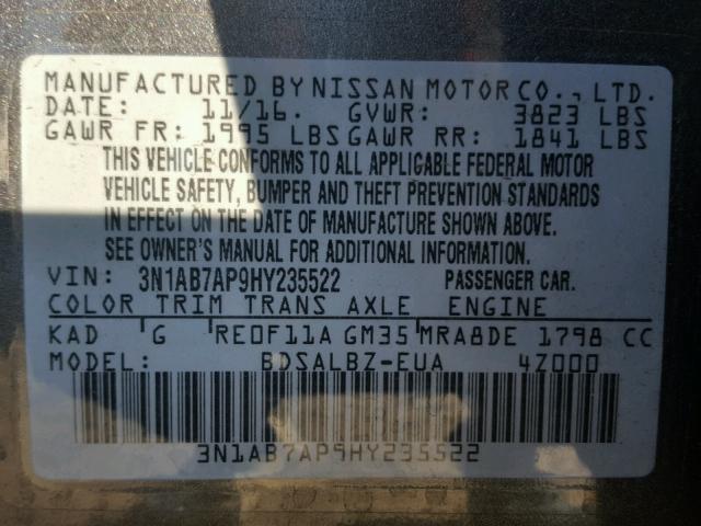 3N1AB7AP9HY235522 - 2017 NISSAN SENTRA S GRAY photo 10