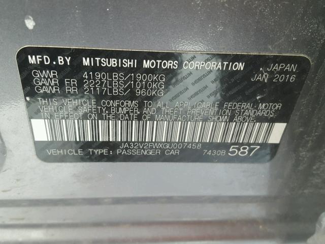 JA32V2FWXGU007458 - 2016 MITSUBISHI LANCER ES GRAY photo 10