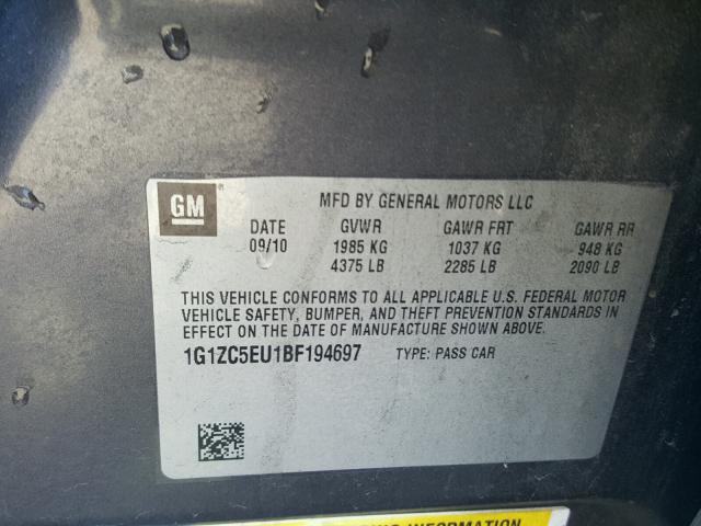 1G1ZC5EU1BF194697 - 2011 CHEVROLET MALIBU 1LT ნაცრისფერი ფოტო 10