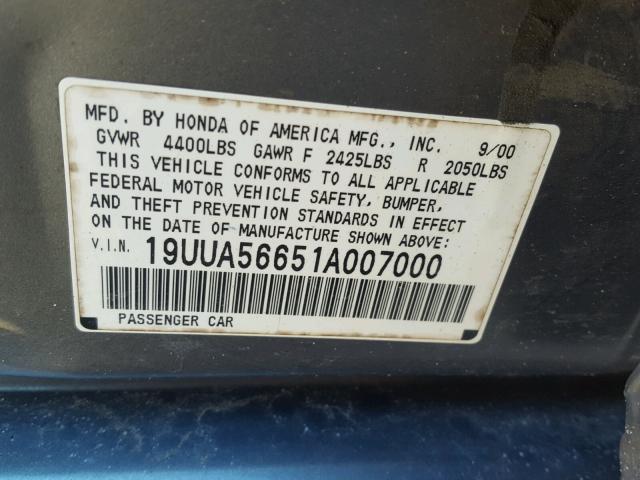 19UUA56651A007000 - 2001 ACURA 3.2TL GRAY photo 10