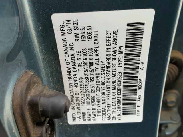 2HKRM3H33EH530629 - 2014 HONDA CR-V LX BLUE photo 10