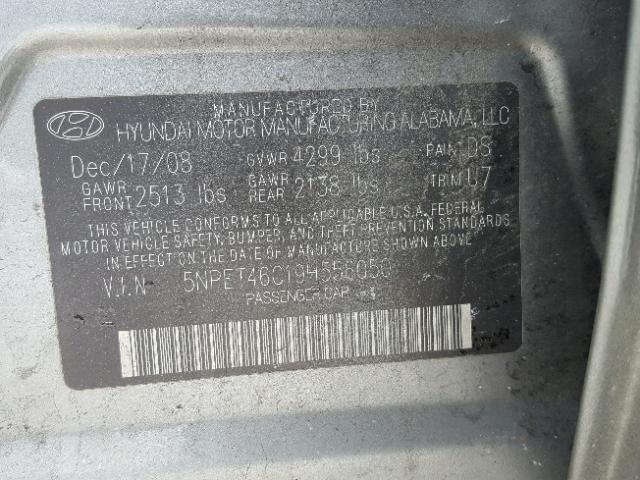 5NPET46C19H556050 - 2009 HYUNDAI SONATA GLS GRAY photo 10