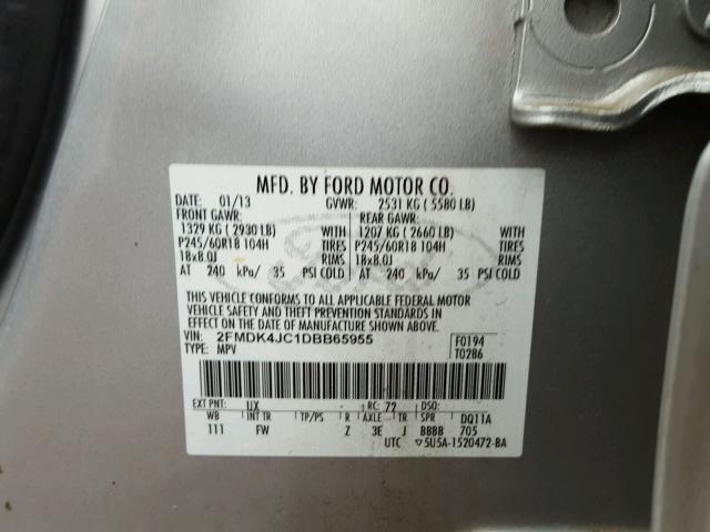 2FMDK4JC1DBB65955 - 2013 FORD EDGE SEL SILVER photo 10