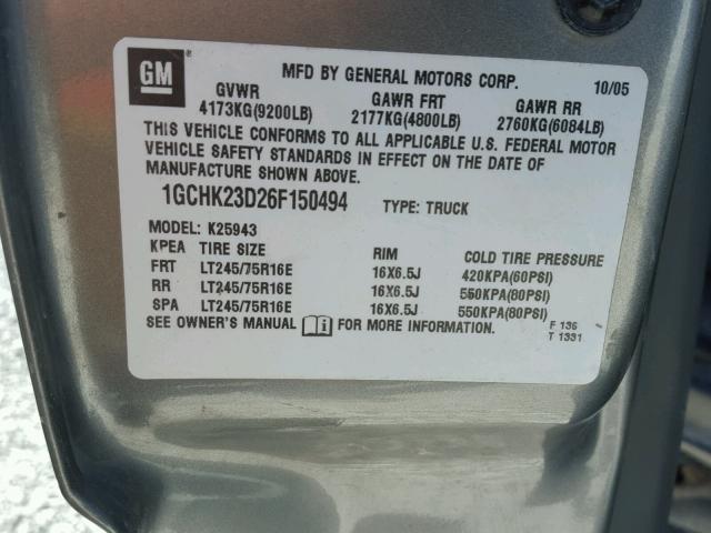 1GCHK23D26F150494 - 2006 CHEVROLET SILVERADO GRAY photo 10