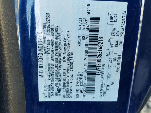 1ZVFT80N365168218 - 2006 FORD MUSTANG BLUE photo 10