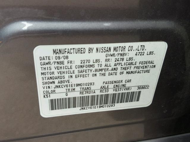 JNKCV61E19M010293 - 2009 INFINITI G37 BASE GRAY photo 10