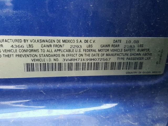 3VWRM71K99M072567 - 2009 VOLKSWAGEN JETTA SE BLUE photo 10