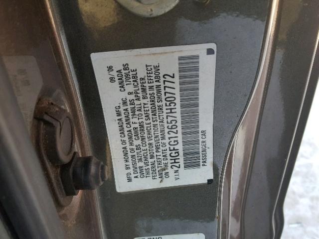 2HGFG12657H507772 - 2007 HONDA CIVIC LX GRAY photo 10