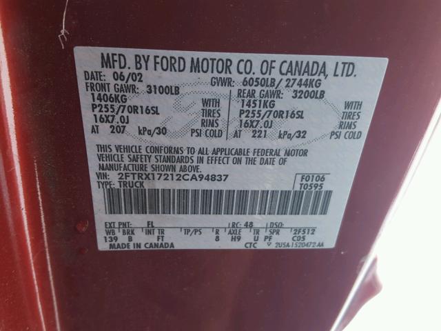 2FTRX17212CA94837 - 2002 FORD F150 RED photo 10