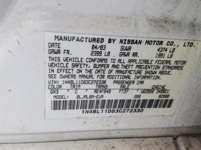 1N4BL11D83C272330 - 2003 NISSAN ALTIMA SE WHITE photo 10