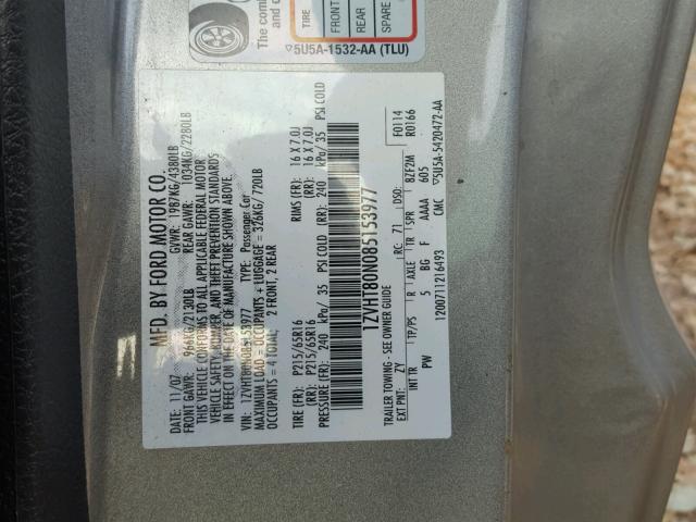 1ZVHT80N085153977 - 2008 FORD MUSTANG SILVER photo 10