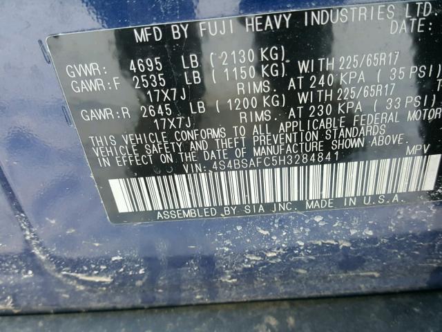 4S4BSAFC5H3284841 - 2017 SUBARU OUTBACK 2. BLUE photo 10