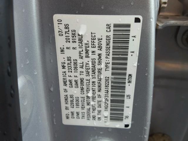 1HGCP2F31AA182262 - 2010 HONDA ACCORD LX SILVER photo 10