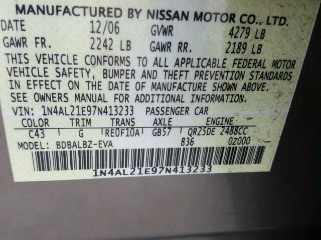 1N4AL21E97N413233 - 2007 NISSAN ALTIMA 2.5 BROWN photo 10