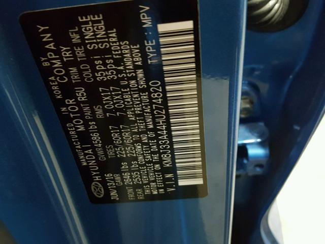 KM8J33A44HU274820 - 2017 HYUNDAI TUCSON LIM BLUE photo 10