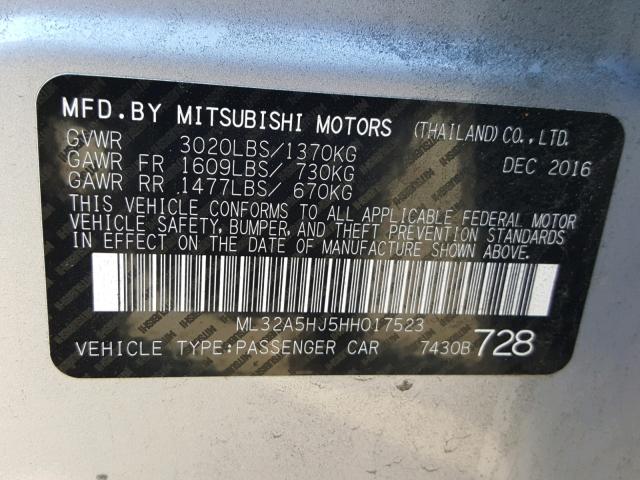 ML32A5HJ5HH017523 - 2017 MITSUBISHI MIRAGE GT SILVER photo 10