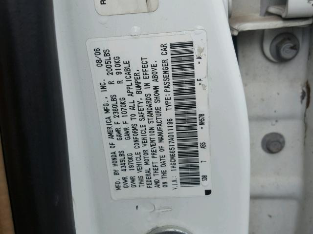 1HGCM66517A011196 - 2007 HONDA ACCORD EX WHITE photo 10