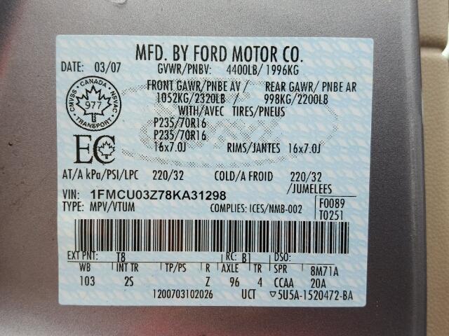 1FMCU03Z78KA31298 - 2008 FORD ESCAPE XLT GRAY photo 10