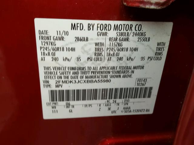 2FMDK3JCXBBA55980 - 2011 FORD EDGE SEL RED photo 10