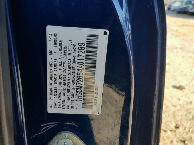 1HGCM72654A017289 - 2004 HONDA ACCORD EX BLUE photo 10