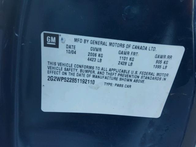 2G2WP522851192110 - 2005 PONTIAC GRAND PRIX BLUE photo 10