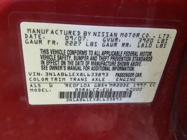 3N1AB61EX8L633893 - 2008 NISSAN SENTRA 2.0 RED photo 10