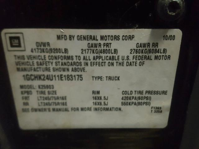 1GCHK24U11E183175 - 2001 CHEVROLET SILVERADO BLACK photo 10