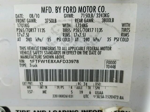 1FTFW1E8XAFD33978 - 2010 FORD F150 SUPER WHITE photo 10