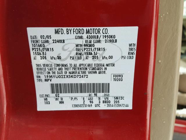 1FMYU02ZX5KD72472 - 2005 FORD ESCAPE XLS RED photo 10