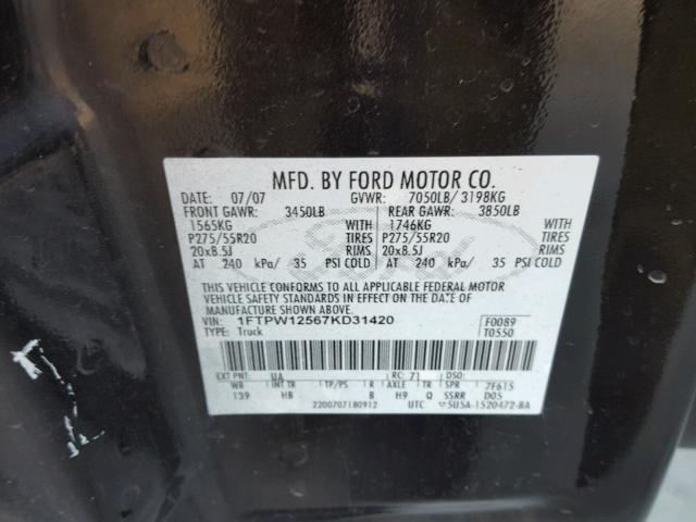 1FTPW12567KD31420 - 2007 FORD F150 SUPER BLACK photo 10