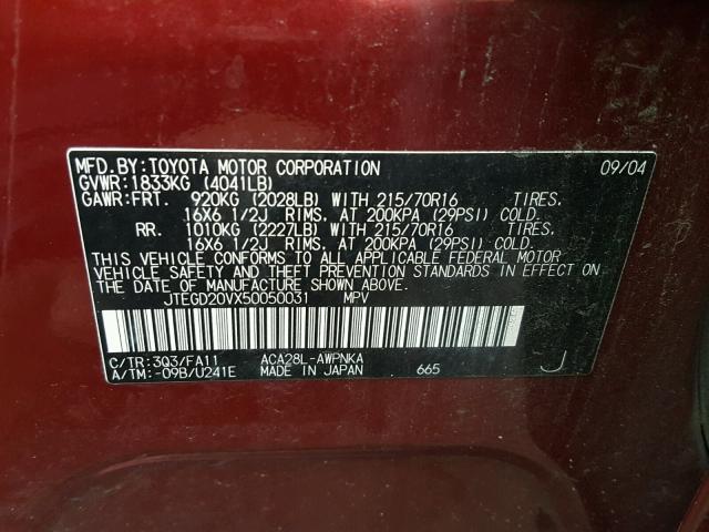 JTEGD20VX50050031 - 2005 TOYOTA RAV4 RED photo 10