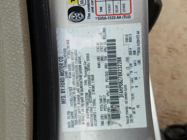 3FAHP08Z78R232288 - 2008 FORD FUSION SEL SILVER photo 10