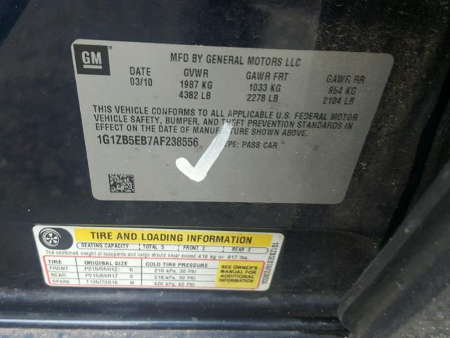 1G1ZB5EB7AF238556 - 2010 CHEVROLET MALIBU LS ლურჯი ფოტო 10