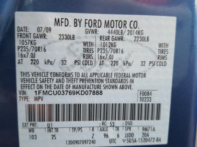 1FMCU03769KD07888 - 2009 FORD ESCAPE XLT BLUE photo 10