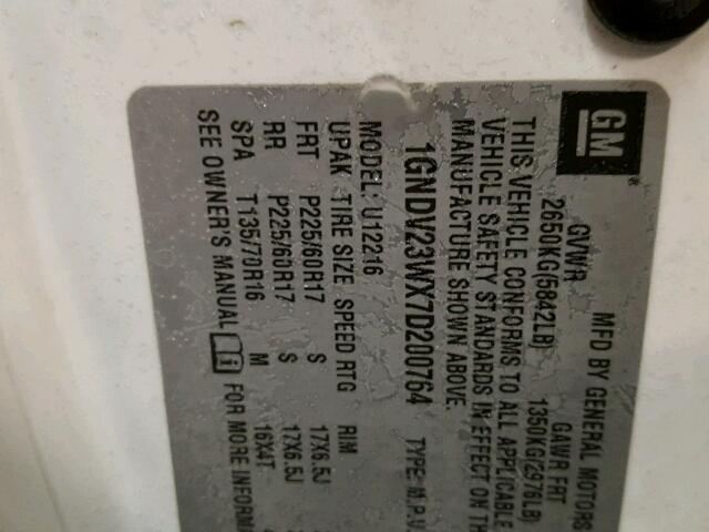 1GNDV23WX7D200764 - 2007 CHEVROLET UPLANDER L 白色 照片 10