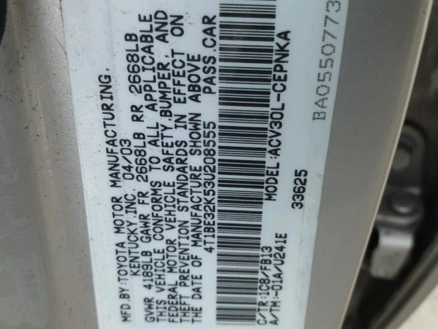 4T1BE32K53U208555 - 2003 TOYOTA CAMRY LE SILVER photo 10