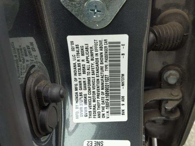 19XFA16899E011027 - 2009 HONDA CIVIC EX CHARCOAL photo 10