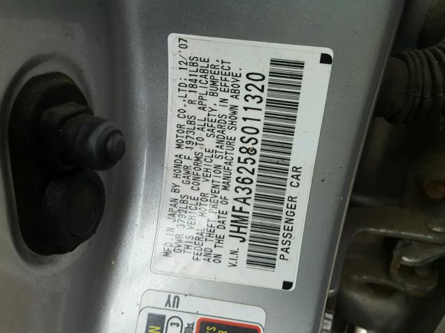 JHMFA36258S011320 - 2008 HONDA CIVIC HYBR SILVER photo 10