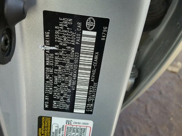 4T1BE46K47U510523 - 2007 TOYOTA CAMRY NEW SILVER photo 10