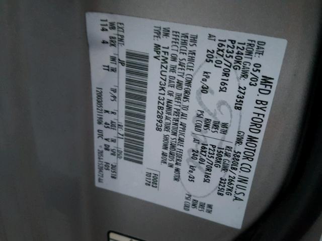 1FMZU73K13ZB28938 - 2003 FORD EXPLORER X SILVER photo 10