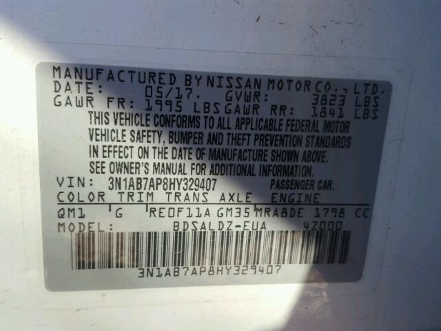 3N1AB7AP8HY329407 - 2017 NISSAN SENTRA S WHITE photo 10