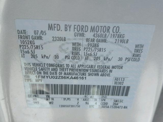 1FMYU02Z56KA46161 - 2006 FORD ESCAPE XLS SILVER photo 10