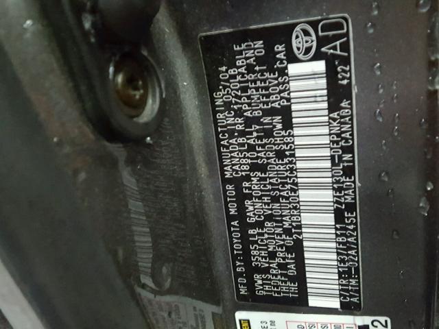 2T1BR30E75C331585 - 2005 TOYOTA COROLLA CE GRAY photo 10